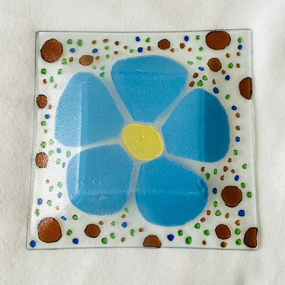 Large Fused Glass Blue Flower Art Glass Tray